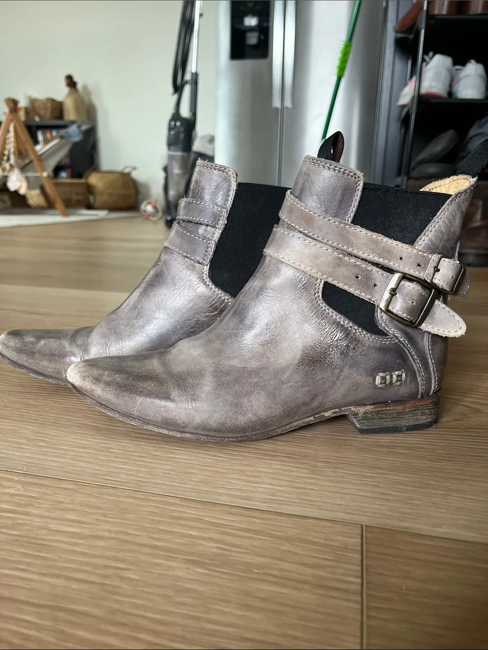 Bed Stu Distressed Taupe Leather Ankle Boot with Buckle